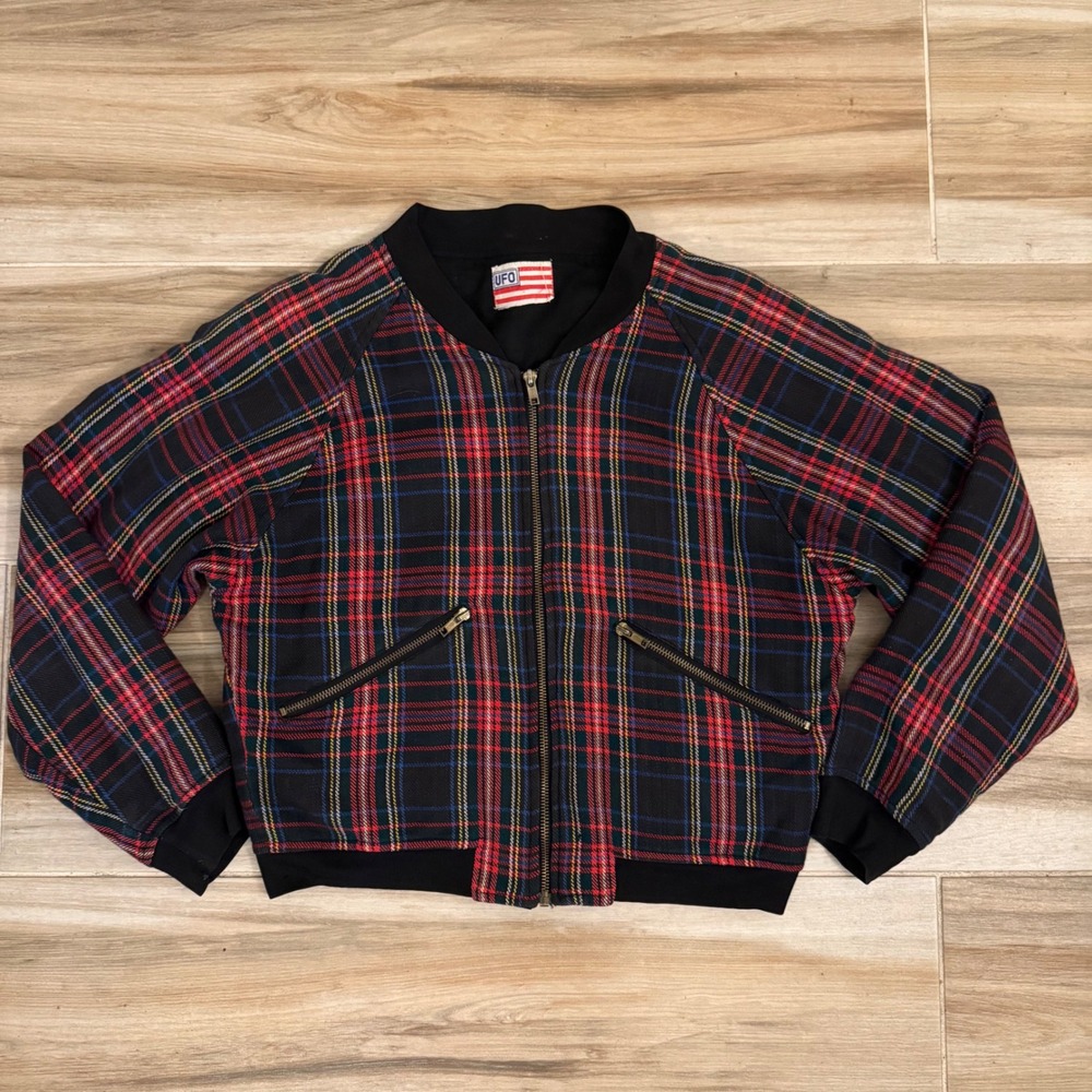 Vintage UFO Plaid Bomber Jacket Red Blue Tartan Zip Up Cropped Punk Grunge